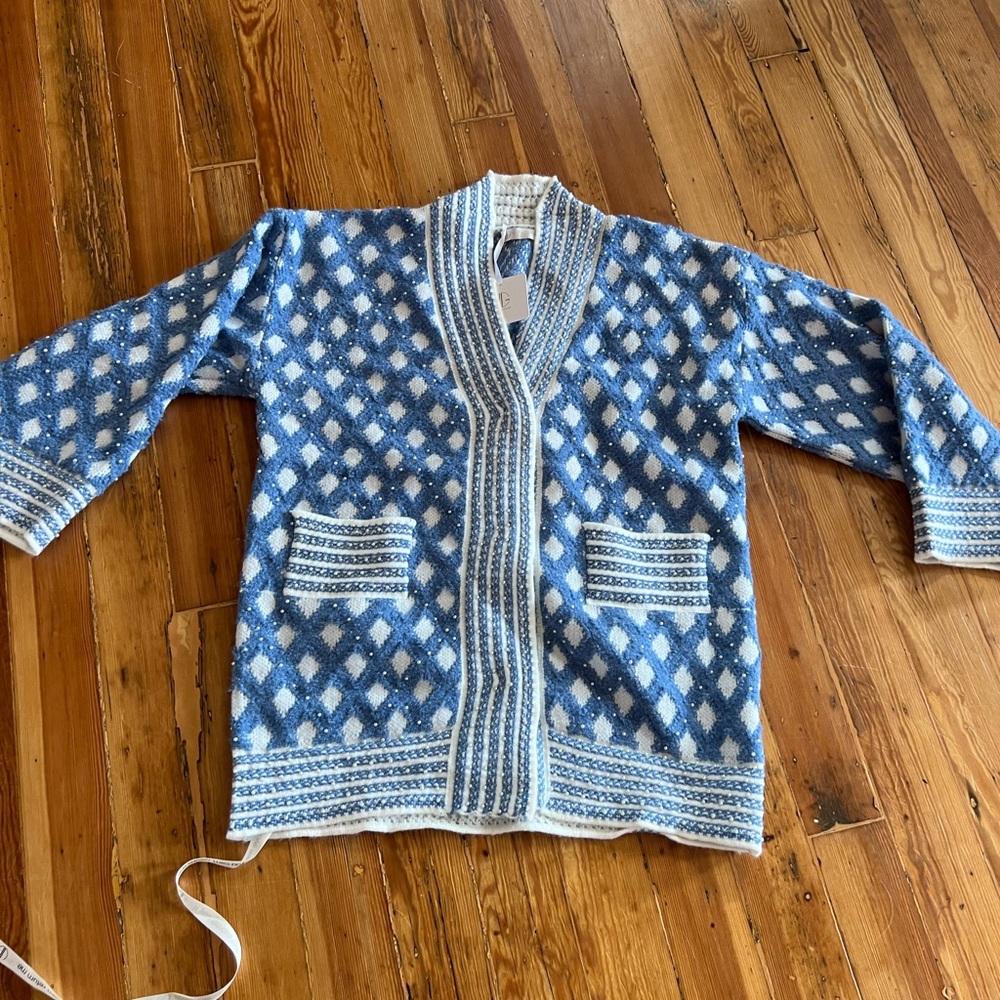 Vita Grace Cardigan knit blue and white with pearl detailing